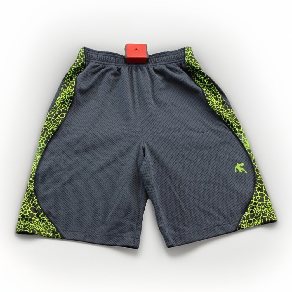 AND1 Boys Athletic Basketball Shorts Size L (10/12) Gray Neon Green Trim